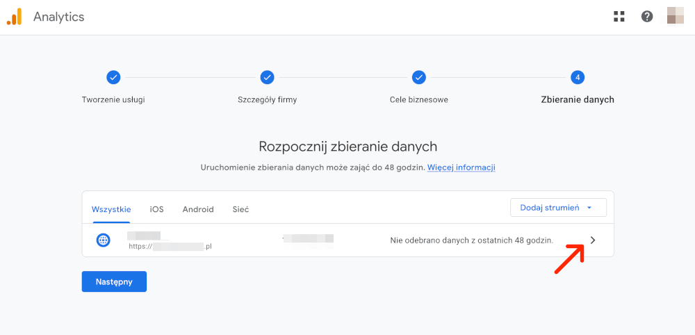 kliknij w szczegóły strumienia danych