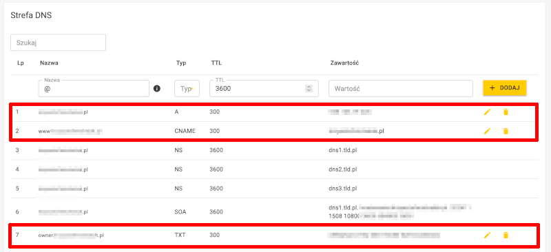 rekordy DNS dla domeny ustawienia