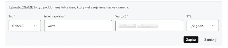 rekord CNAME panel godaddy rekordy DNS