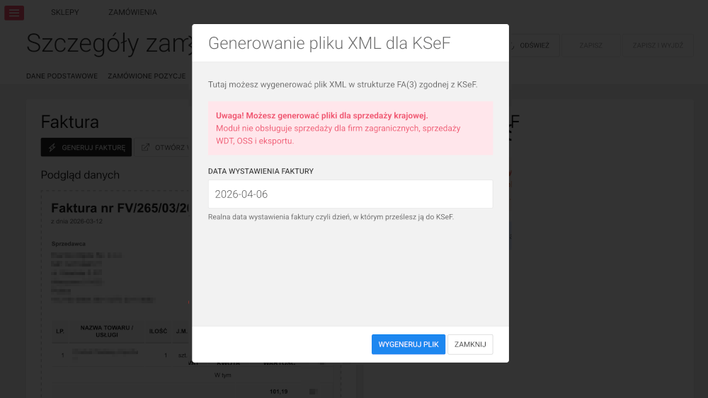 generuj fakture xml modal