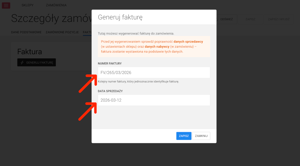 generowanie faktury modal
