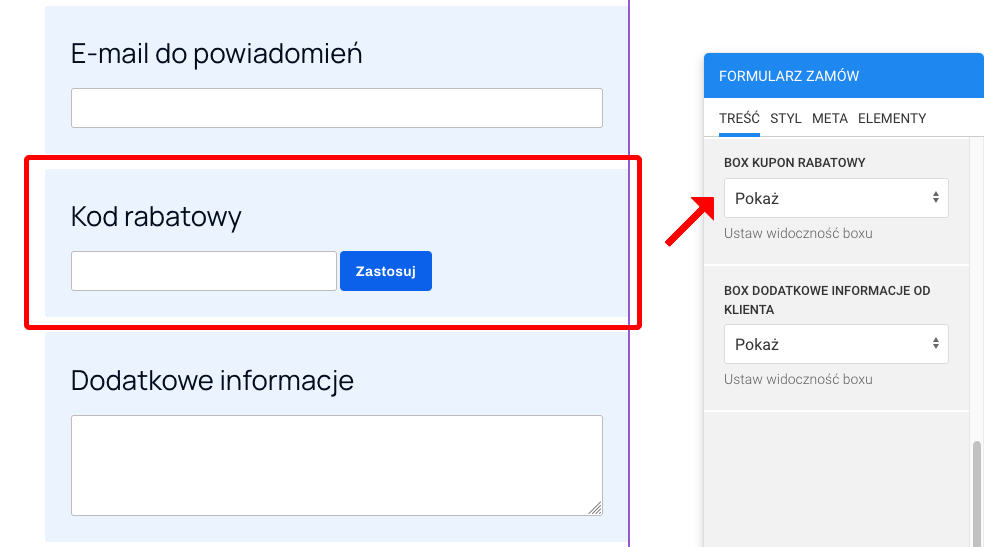 pokaż box kupon rabatowy w formularzu zamówienia