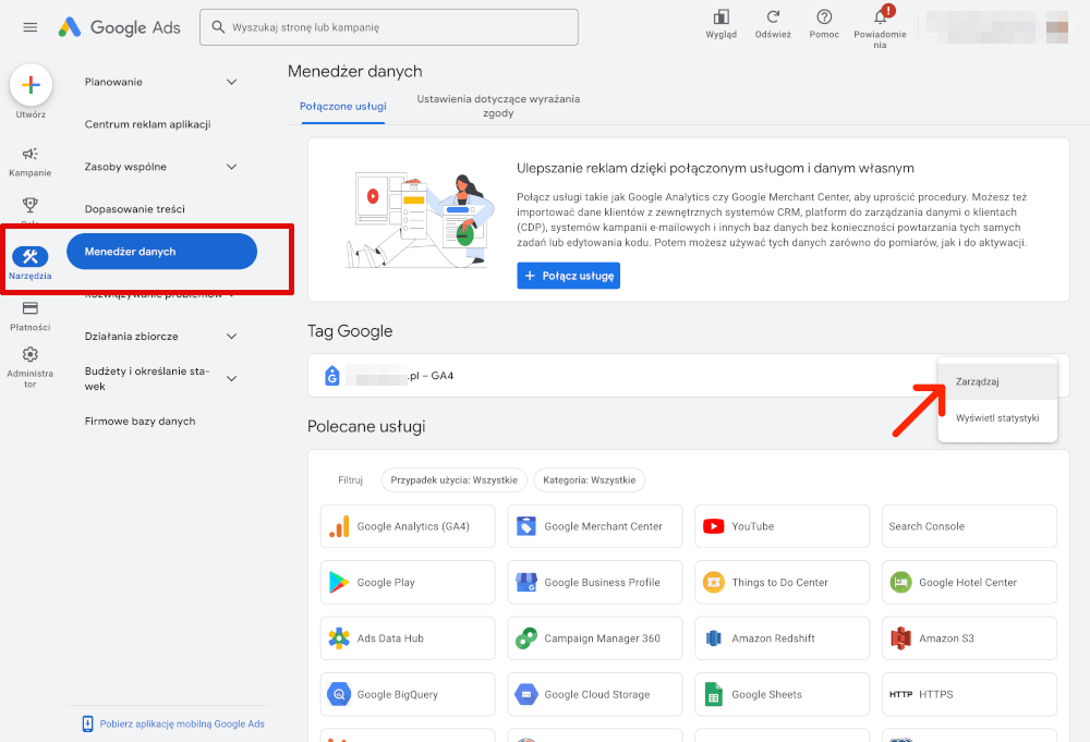 google ads menedzer danych, zarządzaj tag google