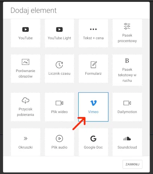 dodaj element vimeo wideo