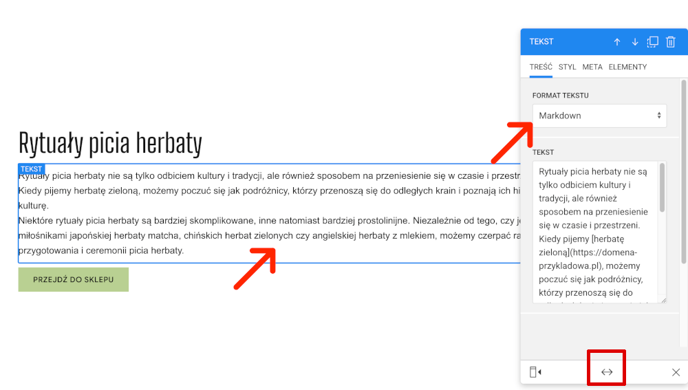 dodaj link w elemencie tekstowym