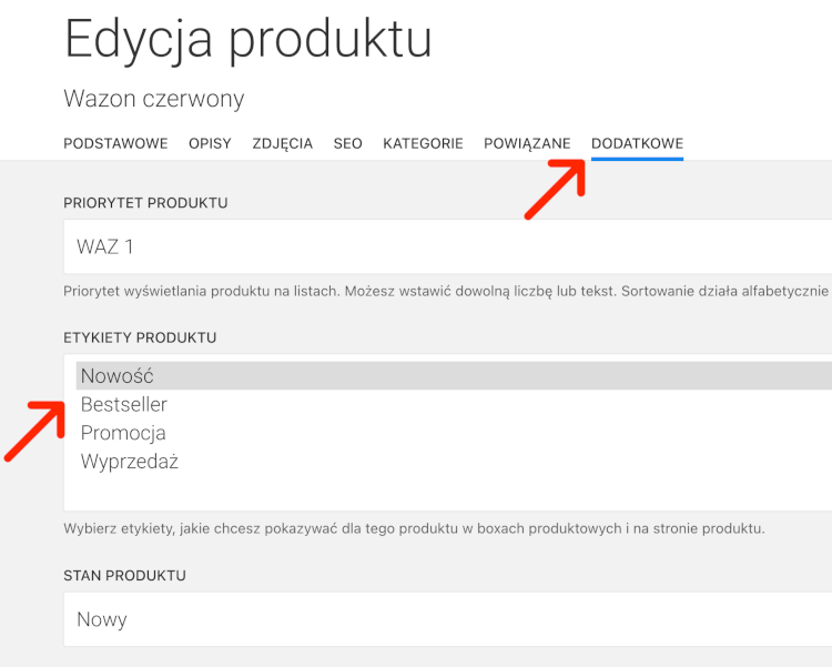 wybierz etykietki dla produktu w ustawieniach produktu