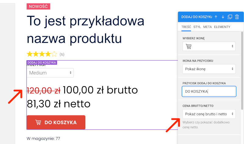 cena netto na stronie produktu