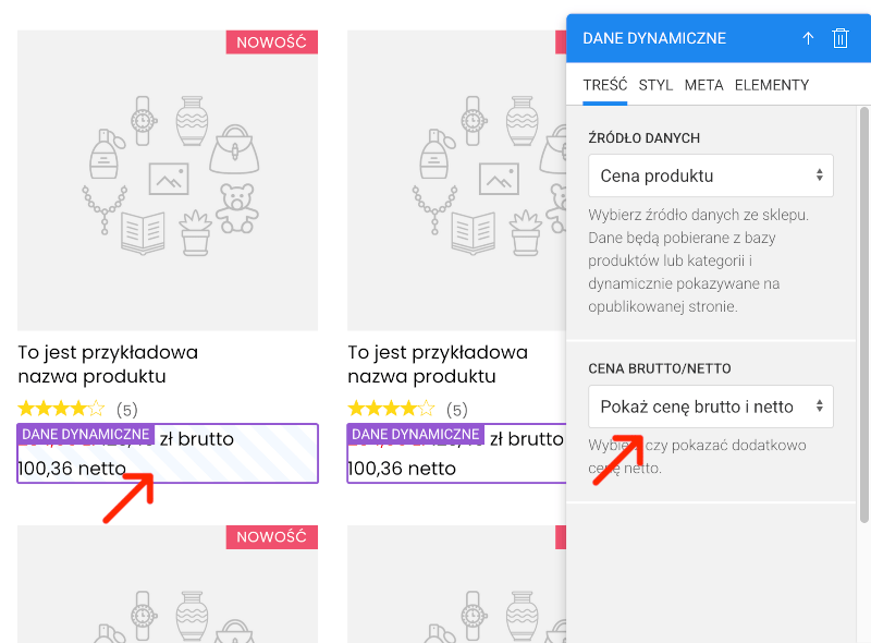 cena netto i brutto na listach produktów