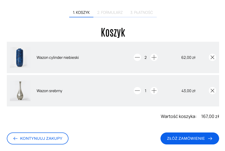 przeliczanie produktów w koszyku guziki plus minus