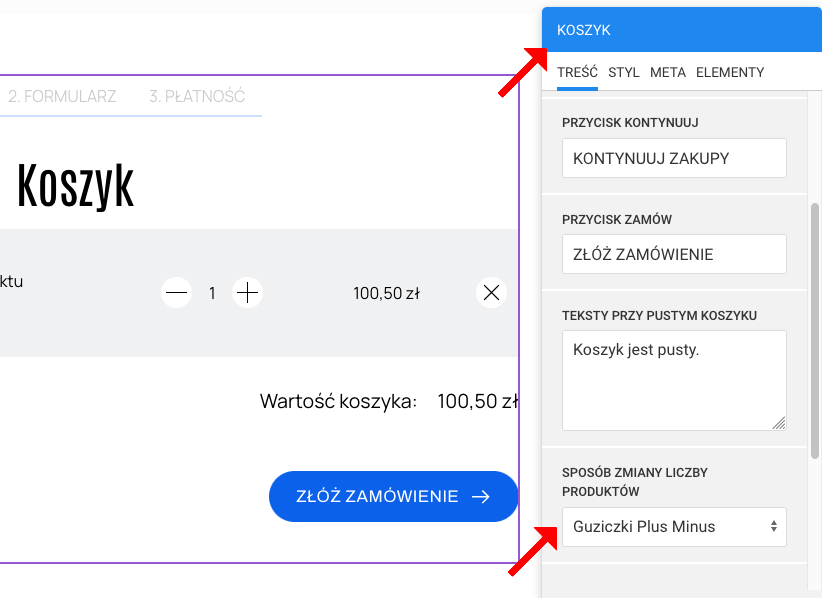 zmiana liczby produktów w koszyku ustawienia