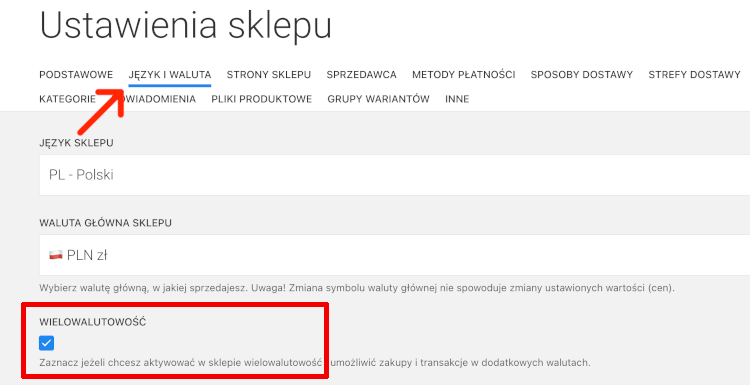 aktywacja wielowalutowości w sklepie waluty obce w sklepie