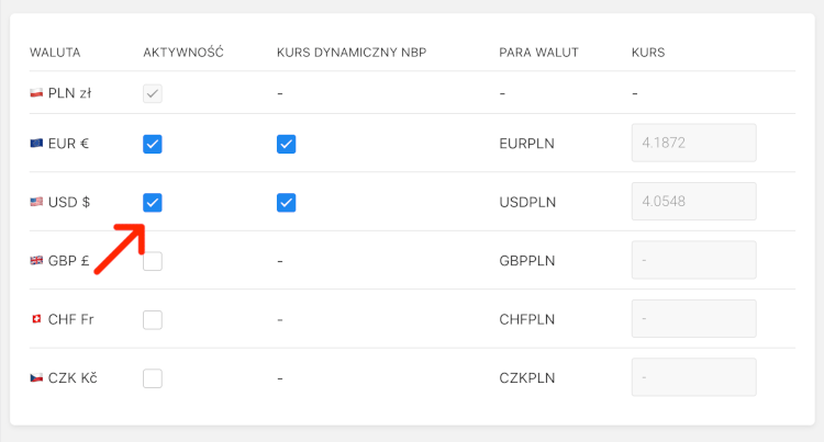 tabela z kursami walut w sklepie internetowym