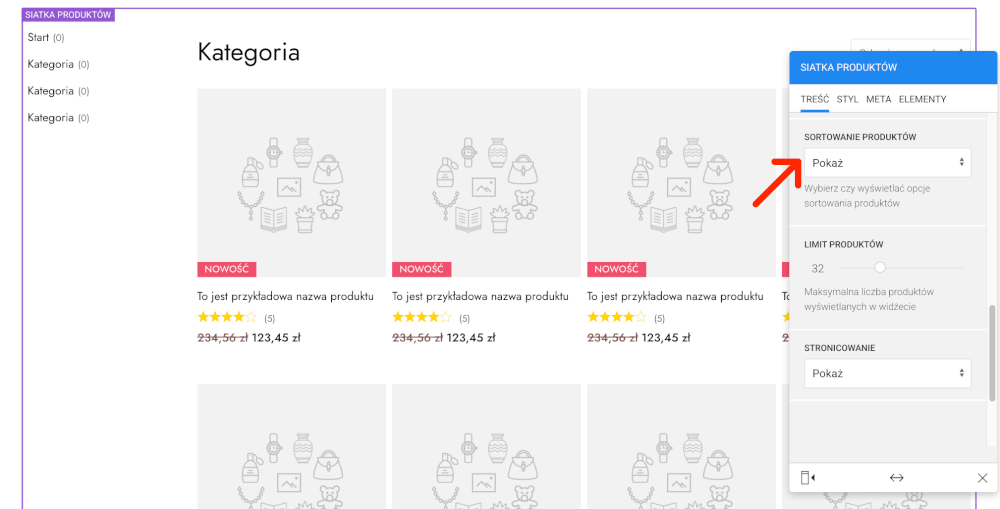 sortowanie produktów na stronie ustawienia