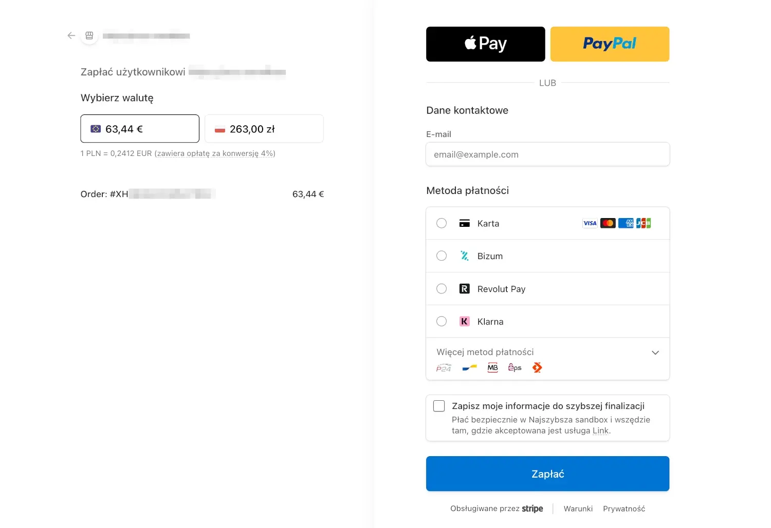 bramka płatnicza stripe wygląd strony płatności