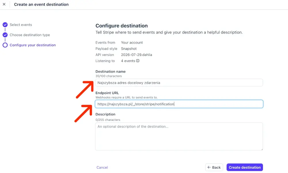 destination name oraz endpoint URL