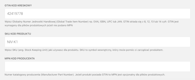 ustawienia produktu kody SKU GTIN MPN