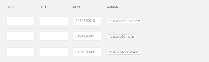 ustawienia produktu wariantowego kody SKU GTIN MPN