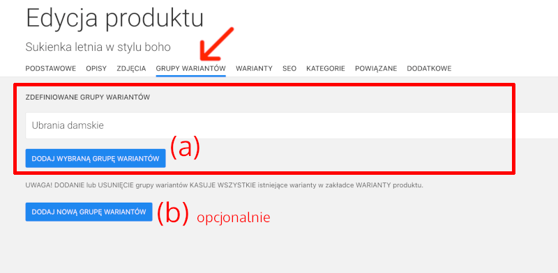 dodawanie grupy wariantów do produktu