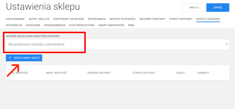 sposób naliczania kosztów dostawy