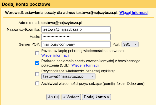 ustawienia nowego konta w gmail skrzynka zewnętrzna