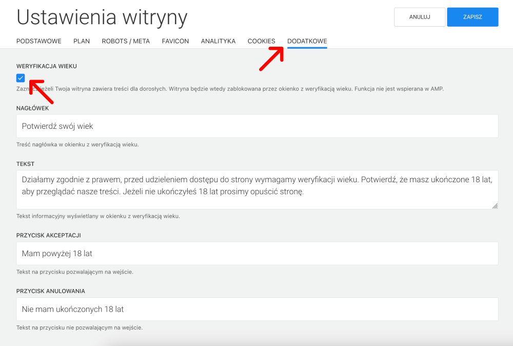 ustawienia witryny weryfikacja wieku