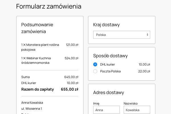 formularz zamówienia sklep internetowych checkout